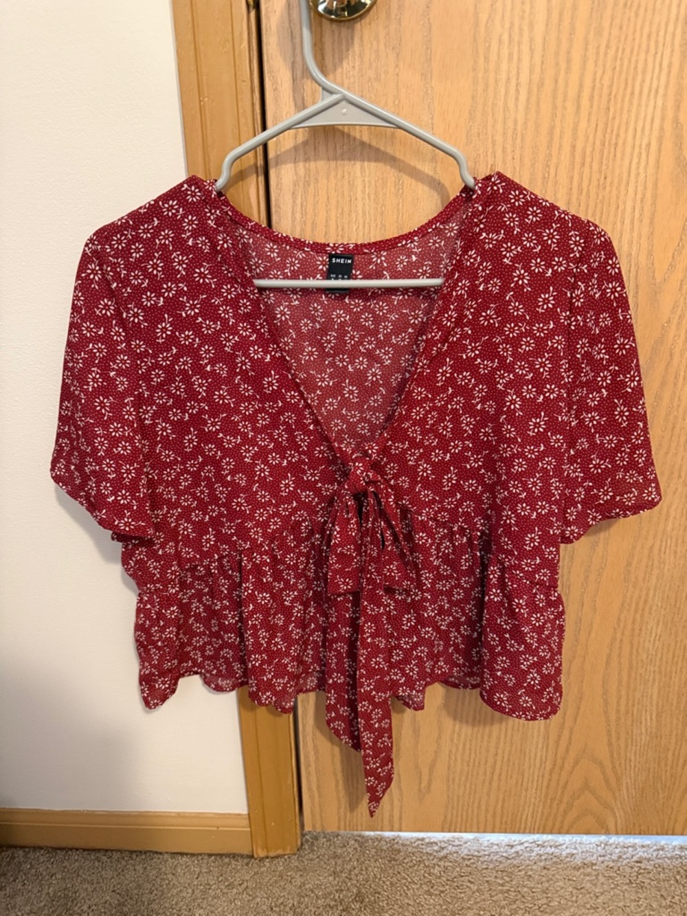 SHEIN Red Floral Tie-Front V-Neck Blouse